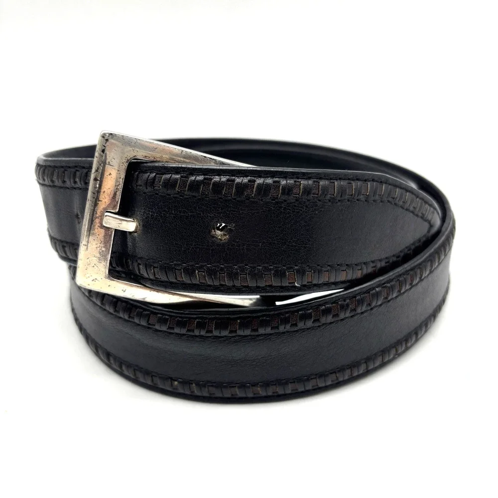 Bill Lavin Soft Collection 38461 Black Italian Calfskin Woven Trim Dress Belt 32
